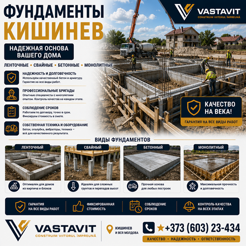 Фундаменты Кишинев — ленточные, свайные, бетонные, монолитные